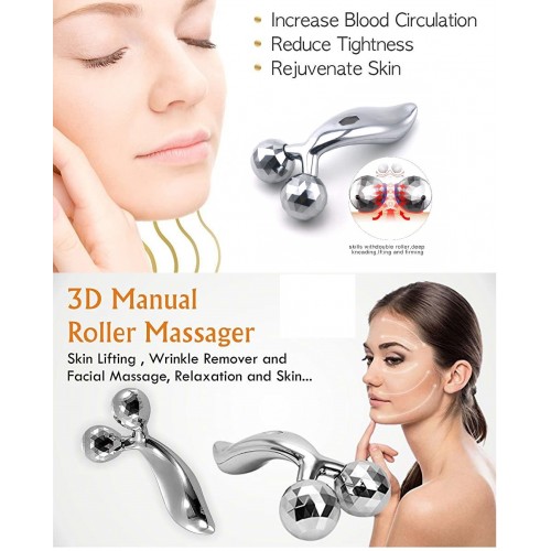 3D Massager Manual Roller (Silver) 360 Rotate Face Full Body Shape for Skin Lifting Wrinkle Remover Facial Massage, 15.5 x 9.5 x 5.3CM