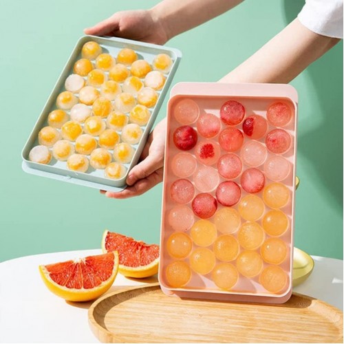 Plastic Mini Round Ice Cube Tray with Lid Ball Maker for Fresh Juice, Mocktails, Whiskey, Cocktails, Tea & Coffee 33 Cavity, Easy Release Stackable in Freezer Pack of 2, Multi Color