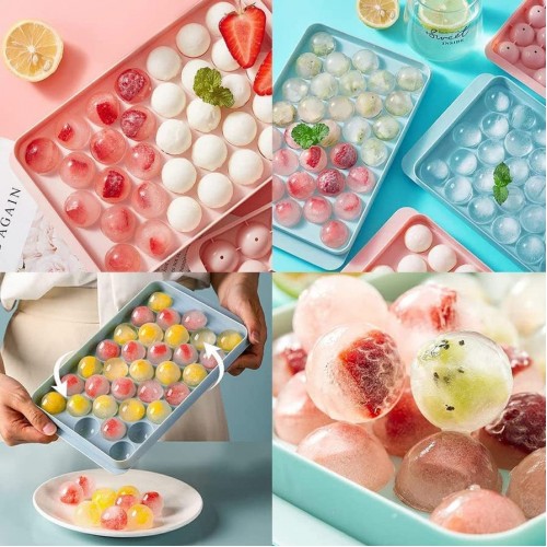 Plastic Mini Round Ice Cube Tray with Lid Ball Maker for Fresh Juice, Mocktails, Whiskey, Cocktails, Tea & Coffee 33 Cavity, Easy Release Stackable in Freezer Pack of 2, Multi Color