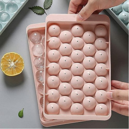 Plastic Mini Round Ice Cube Tray with Lid Ball Maker for Fresh Juice, Mocktails, Whiskey, Cocktails, Tea & Coffee 33 Cavity, Easy Release Stackable in Freezer Pack of 2, Multi Color