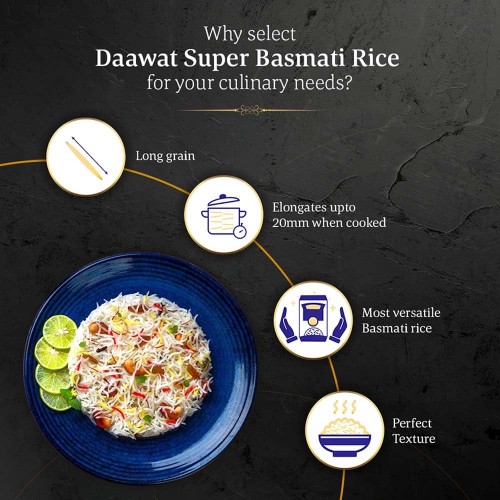 Daawat Super Basmati Rice 5Kg| Fluffy Long Grains| Cooked upto 20mm*