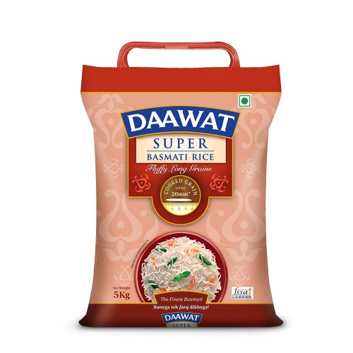 Daawat Super Basmati Rice 5Kg| Fluffy Long Grains| Cooked upto 20mm*