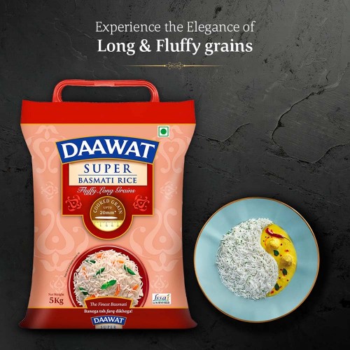 Daawat Super Basmati Rice 5Kg| Fluffy Long Grains| Cooked upto 20mm*