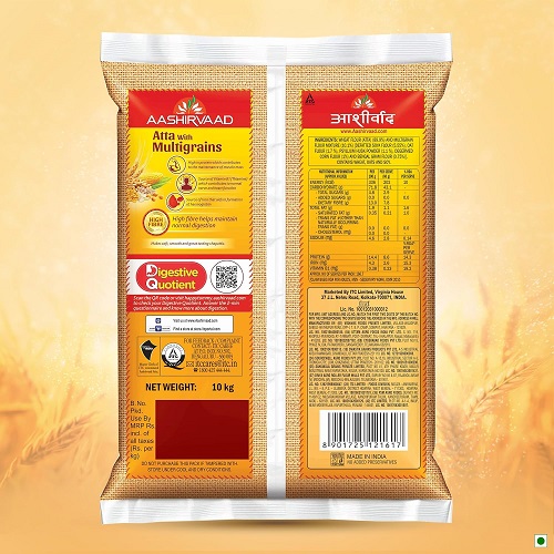 Aashirvaad Atta with Multigrains, 10kg pack | High Fibre & High Protein Multigrain Atta | 6 Natural Grains